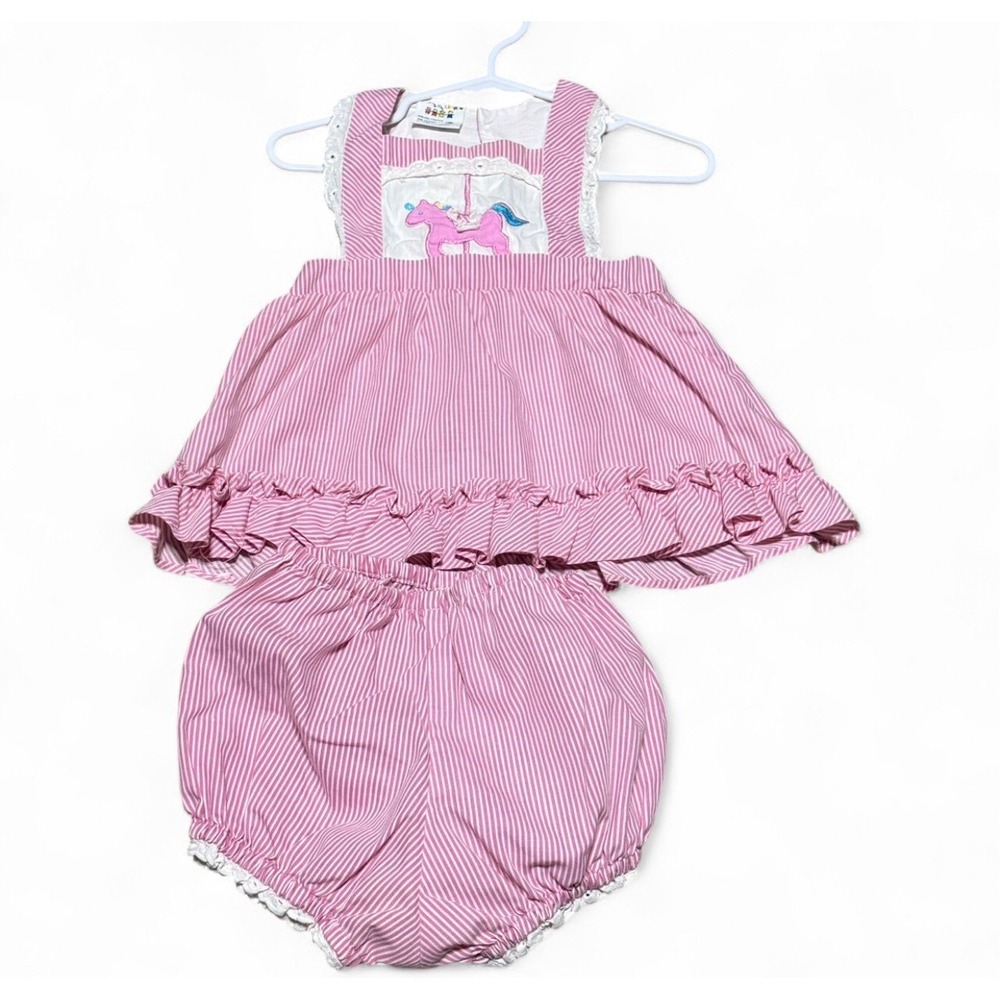 Vintage Little Little 18M Pink Stripe Carousel Horse Dress Bloomer Set